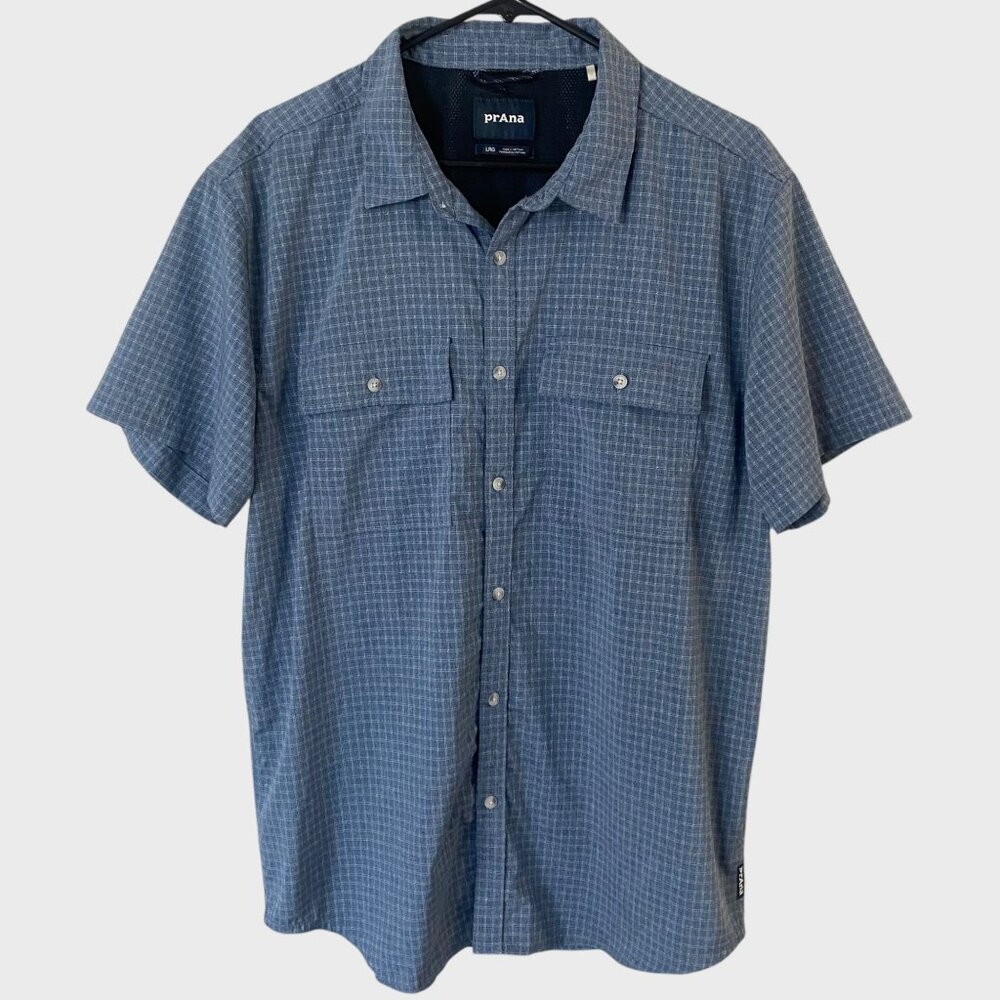 Prana Garvan Vented Shirt Blue Men's Large Short-Sleeve Button-Up Hiking UPF-30